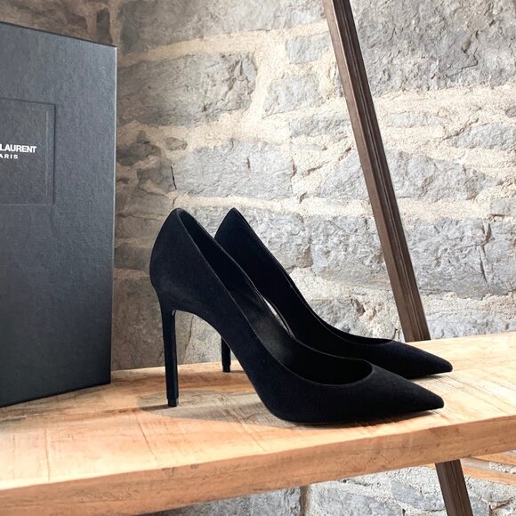Saint Laurent Paris Black Suede Anja Heels - Picture 1 of 11